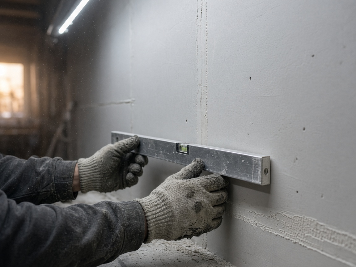 Installer checking level on a new plasterboard partition