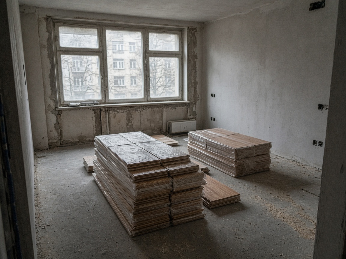 Apartment living area during flooring installation