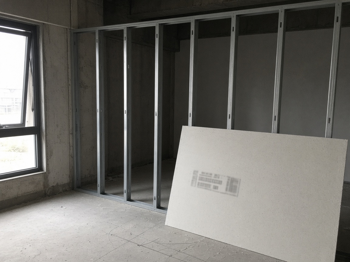 Metal stud partition framing on an interior fit-out