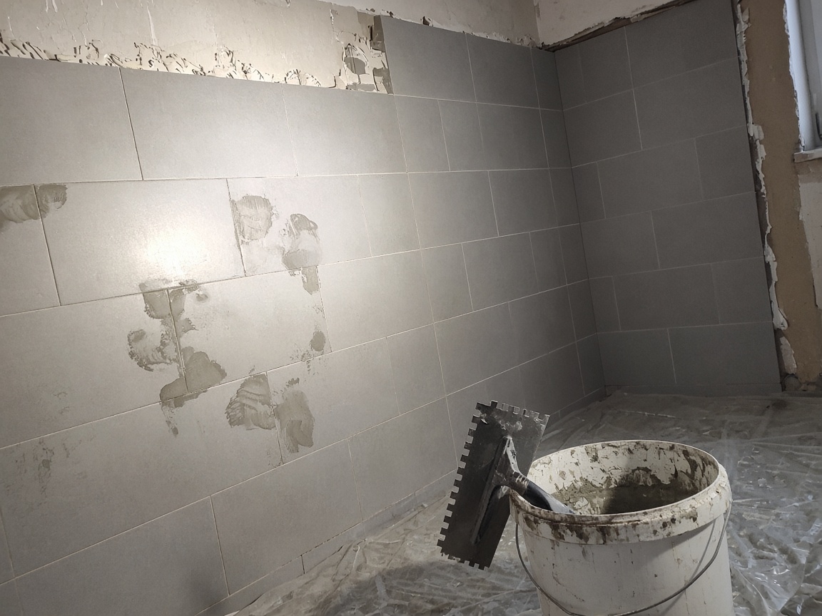 Tiler fitting wall tiles in a bathroom renovation