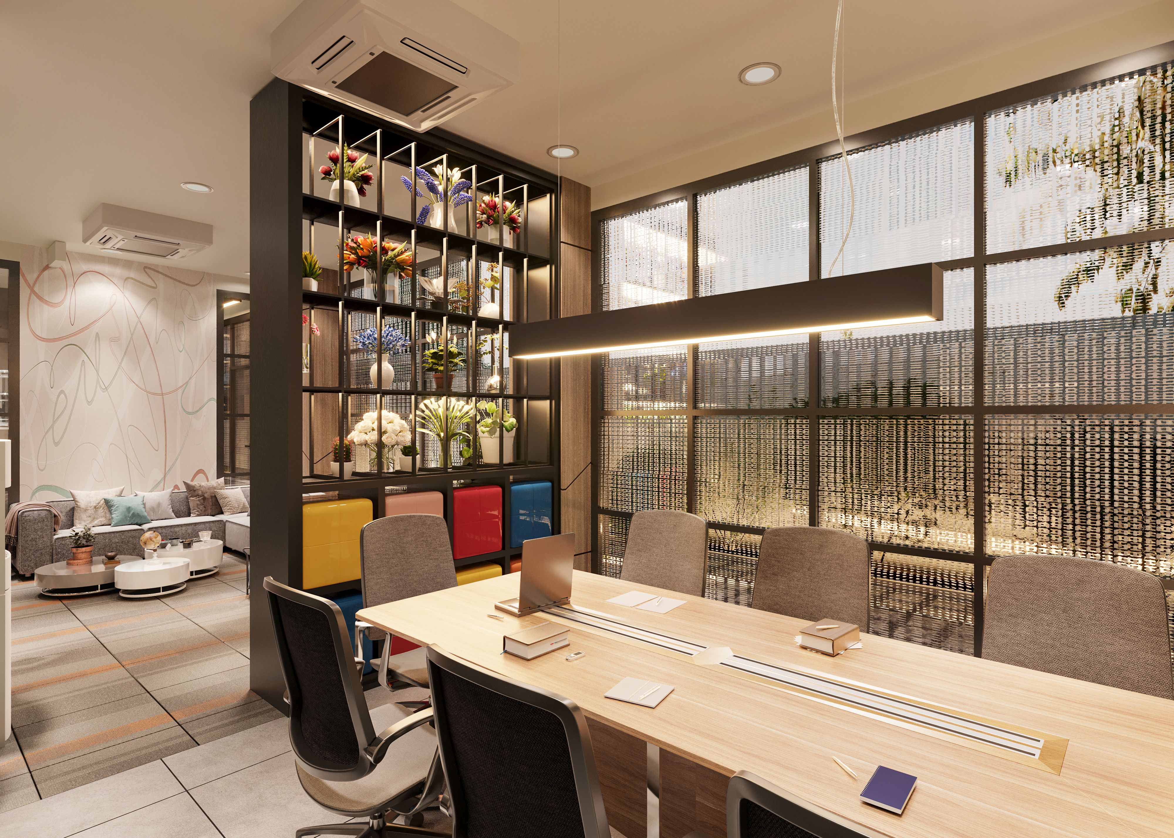 Office fit-out with glass partitions and materials on site